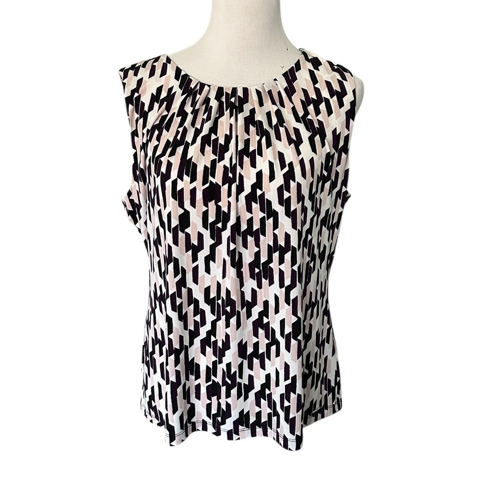 Calvin Klein Blouse Womens XL Pink Black Geometric Pleated Shell Polyester - Picture 3 of 16